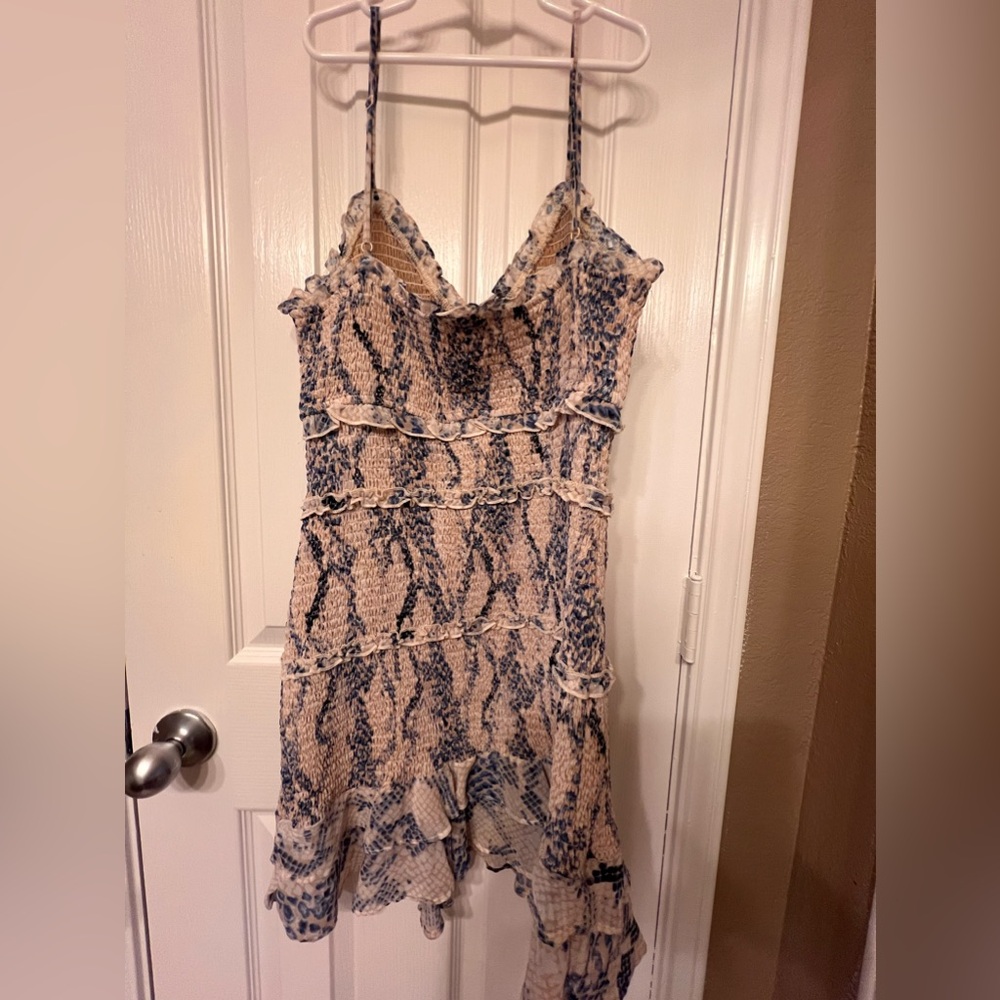 Karlie Rhea Blue & Cream Snake Print Smocked Ruffle Mini Dress, Size M - Picture 6 of 9
